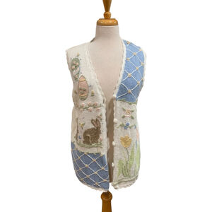 Vntg 90’s Women's BRYN CONNELLY White Blue Easter Bunny Floral Vest sz L/XL